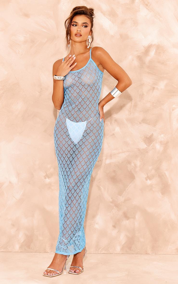 Blue Sheer Glitter Knit Strappy Maxi Dress Product Image