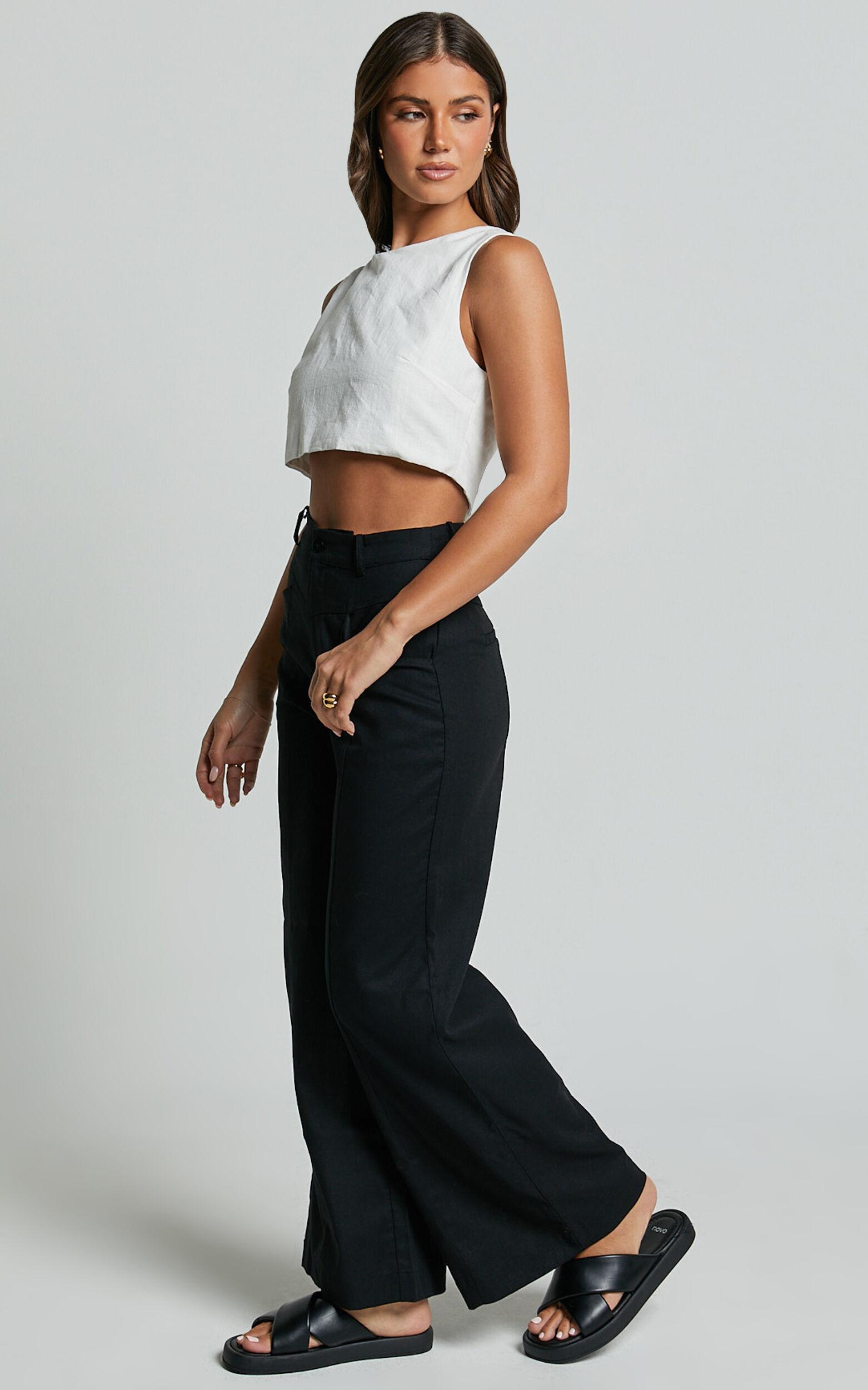 Skye Pants - Linen Look High Waisted Seam Detail Pants in Black Product Image