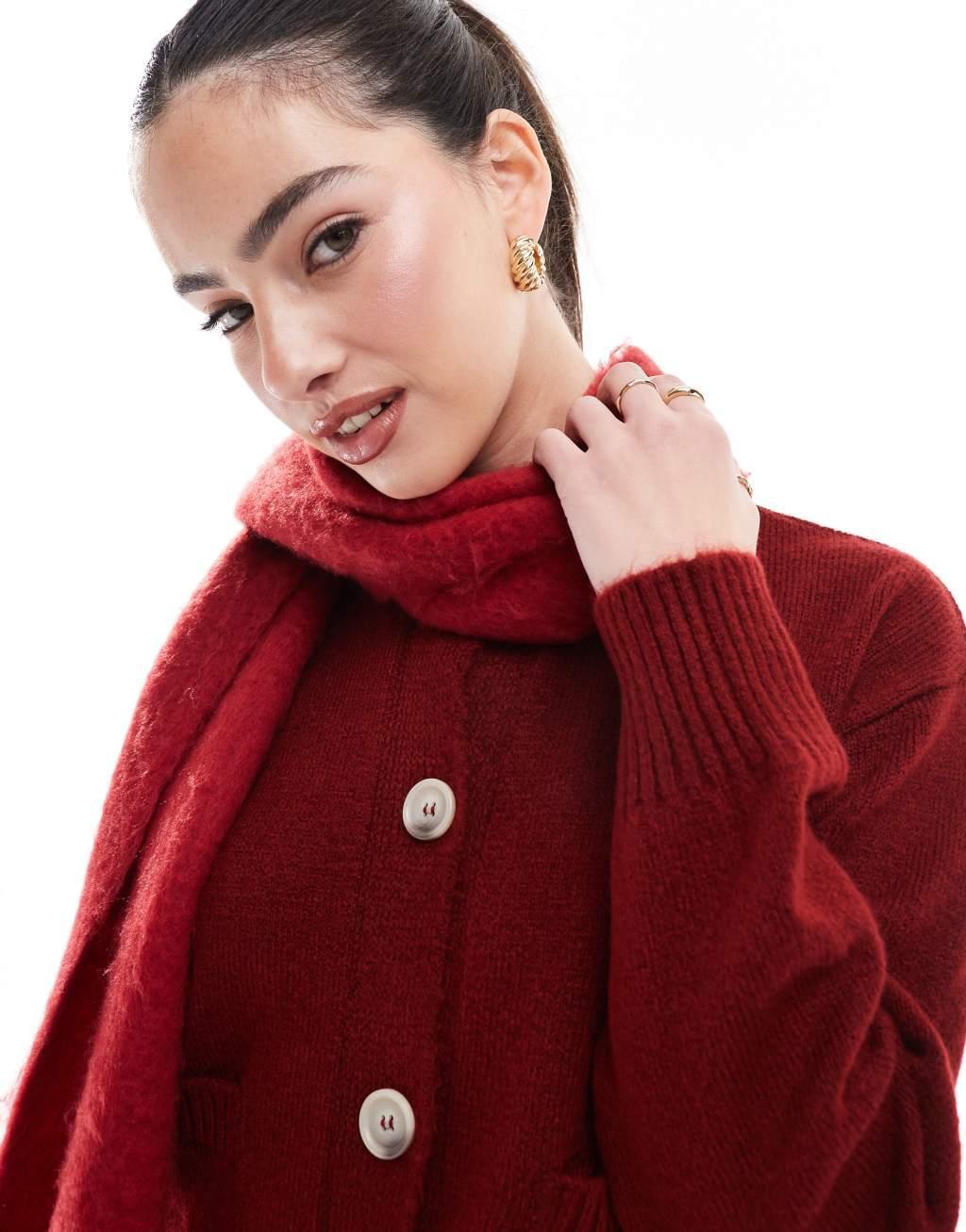 Miss Selfridge seam detail crew neck boxy cardigan in burgundy Product Image