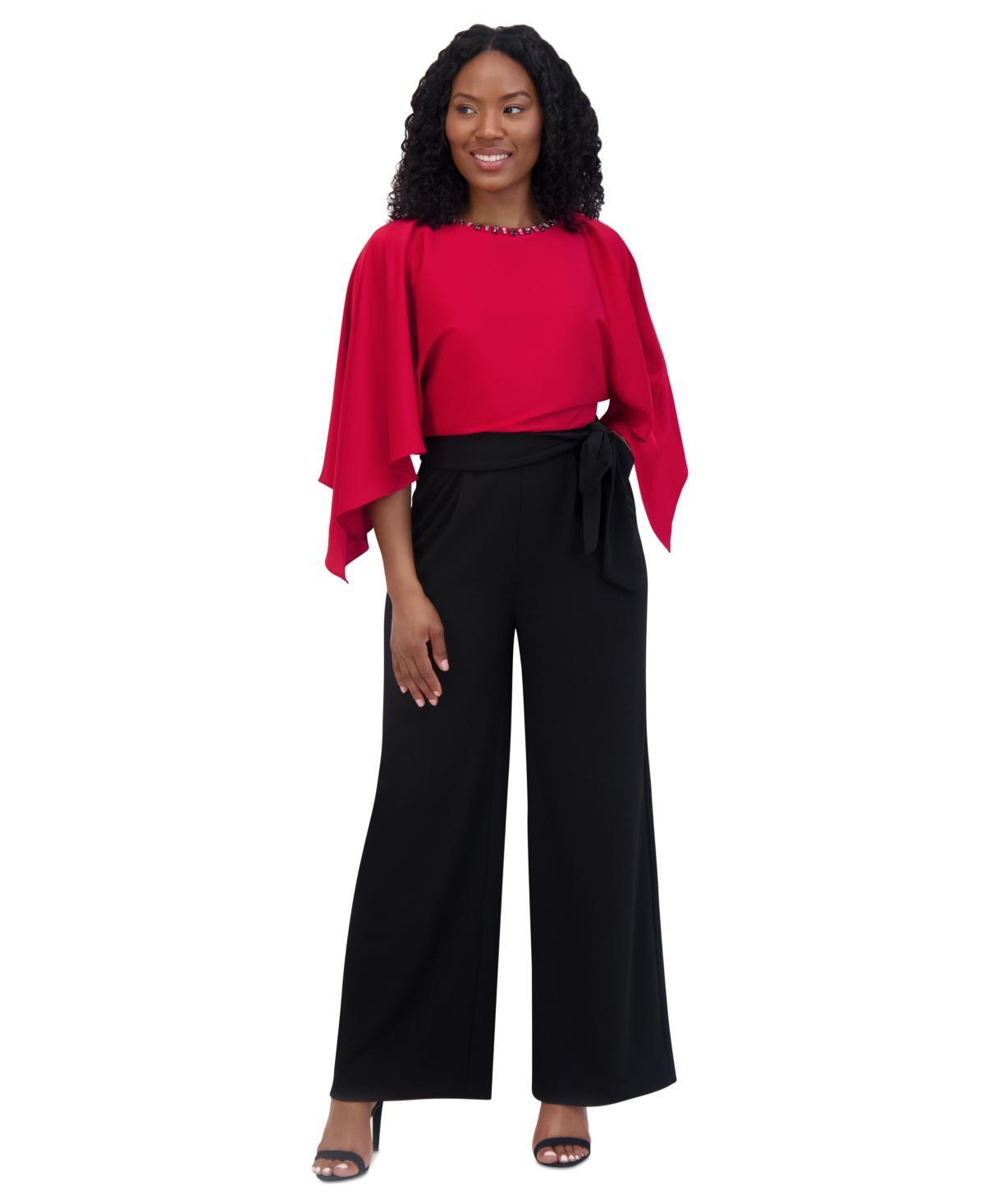 Jessica Howard Womens Satin Cape-Sleeve Jumpsuit - Black Product Image