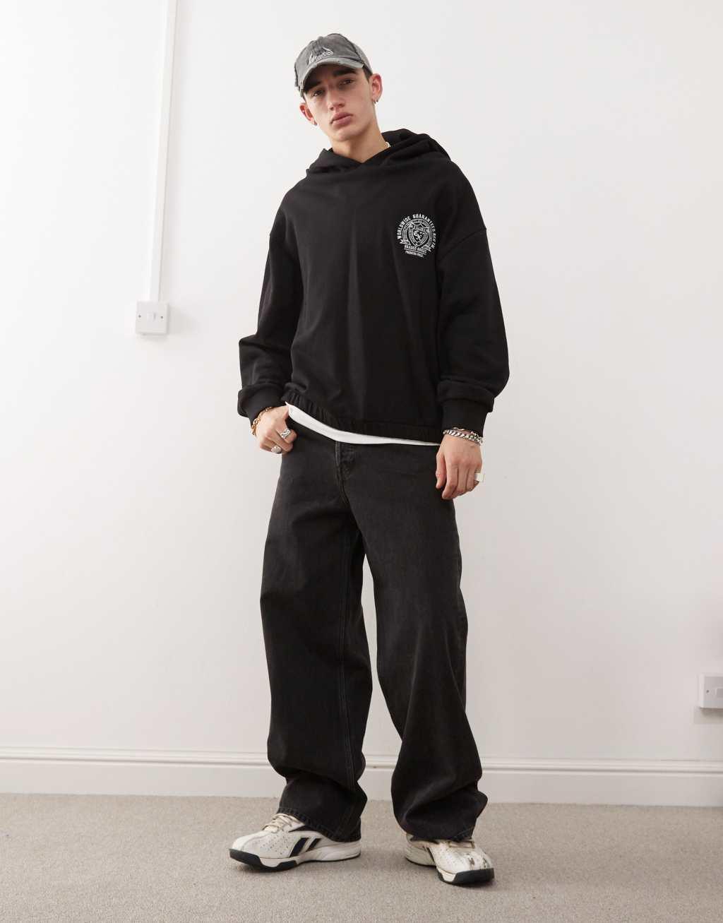 COLLUSION Black boxy cropped hoodie in black with logo emblem  product image