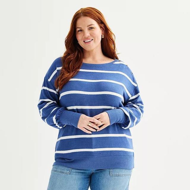 Plus Size Sonoma Goods For Life Cozy Boatneck Striped Pullover Sweater, Womens Blue Snow Stripe Product Image