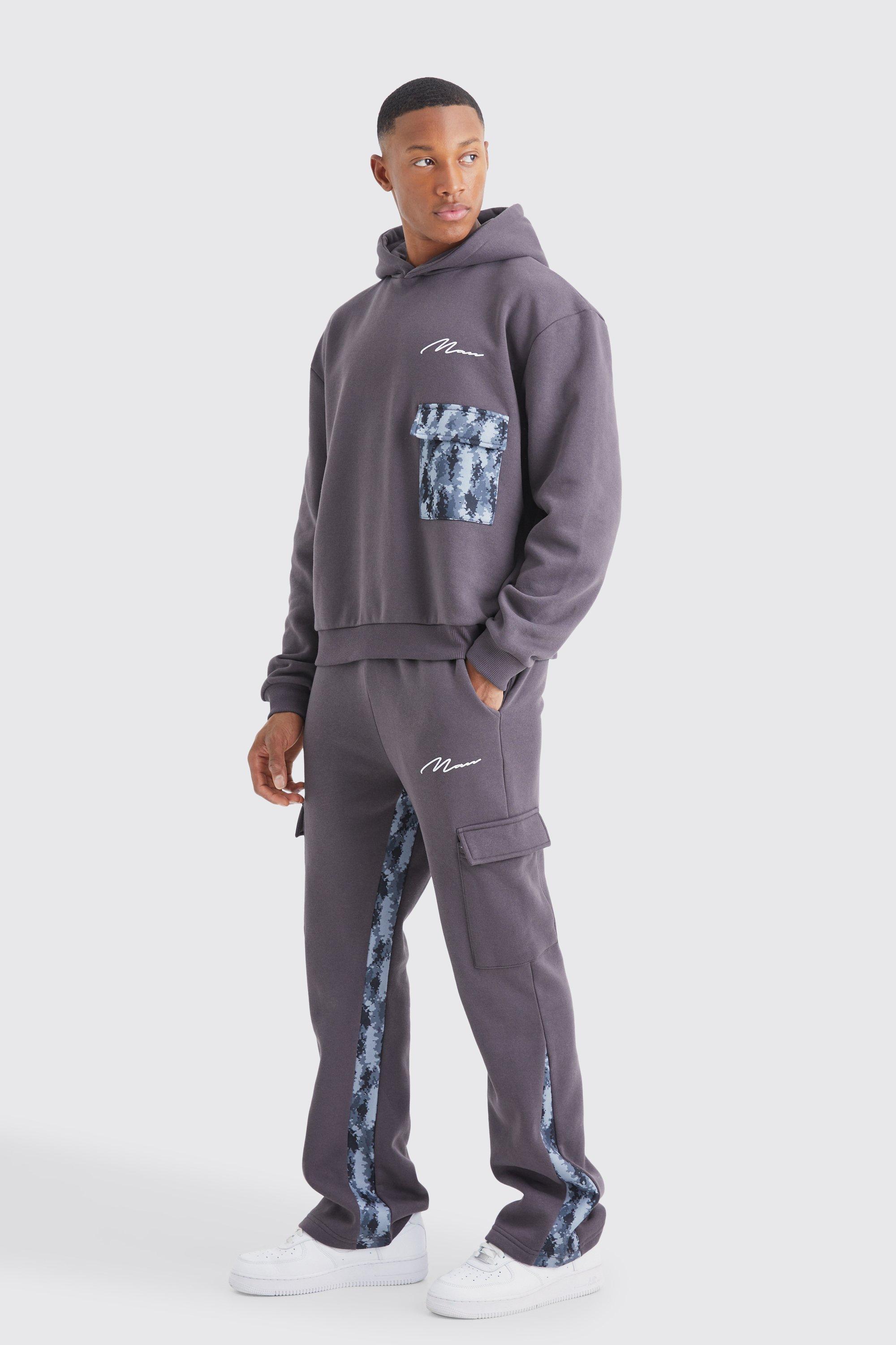 Man Signature Camo Cargo Pocket Gusset Tracksuit | boohooMAN USA Product Image