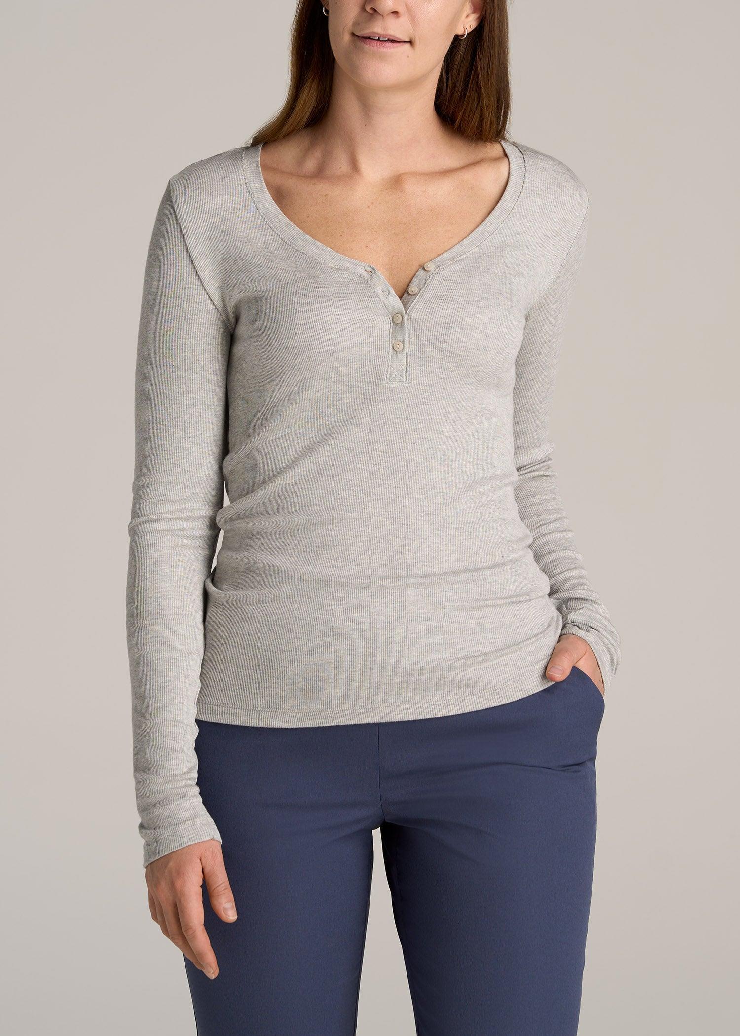 Tall Women's FITTED Ribbed Long Sleeve Henley in Grey Mix product image