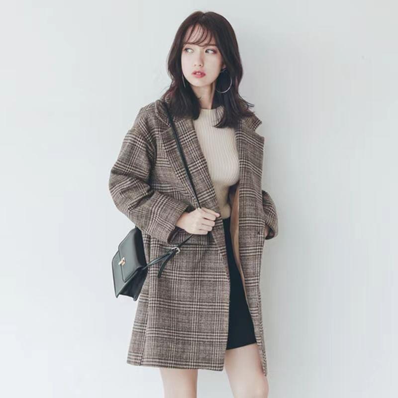 Lapel Collar Plaid Long Single-Button Coat Product Image