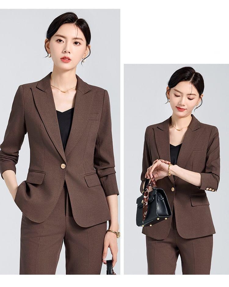 Set: Lapel Collar Plain Single Breasted Blazer + Mid Waist Plain Slacks Product Image