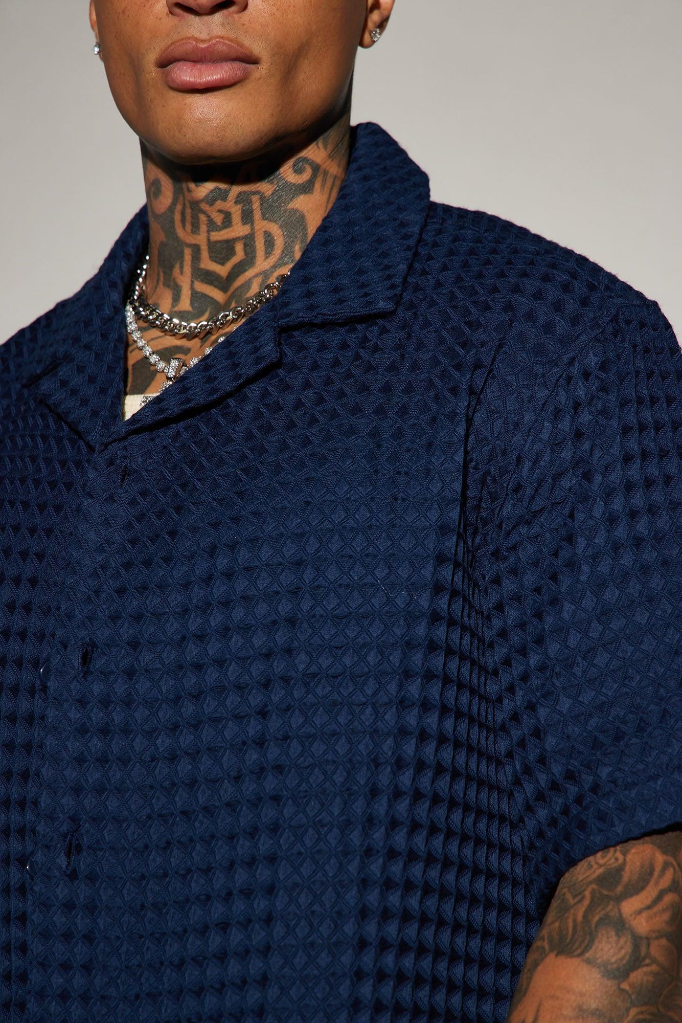 Waffle Knit Textured Button Up Shirt - Blue Product Image