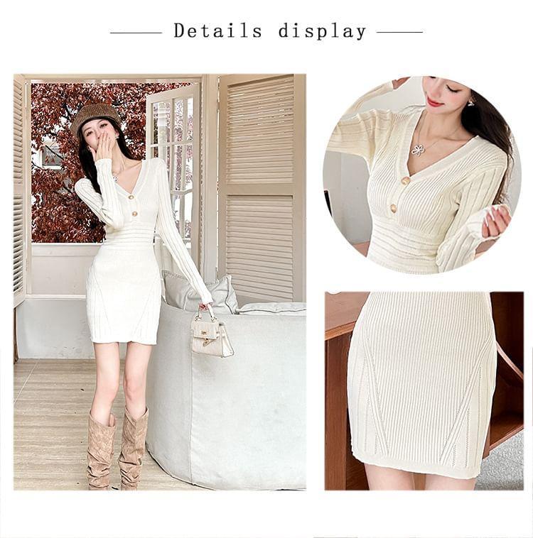 Long Sleeve V-Neck Button Ribbed Bodycon Sweater Dress Product Image