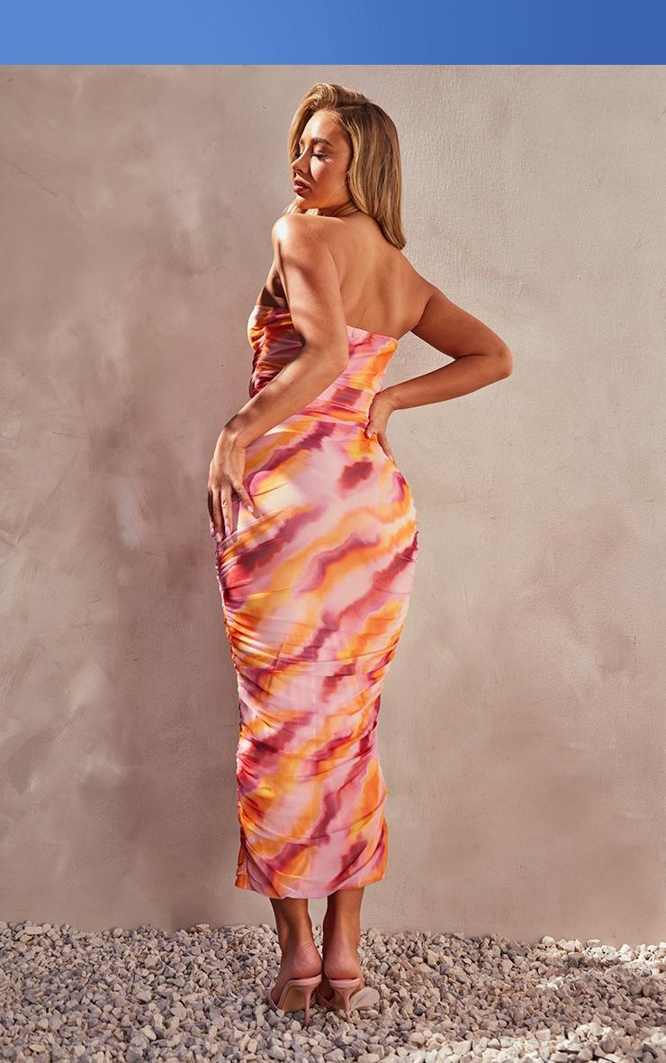 Pink Abstract Print Mesh Bandeau Ruched Maxi Dress Product Image