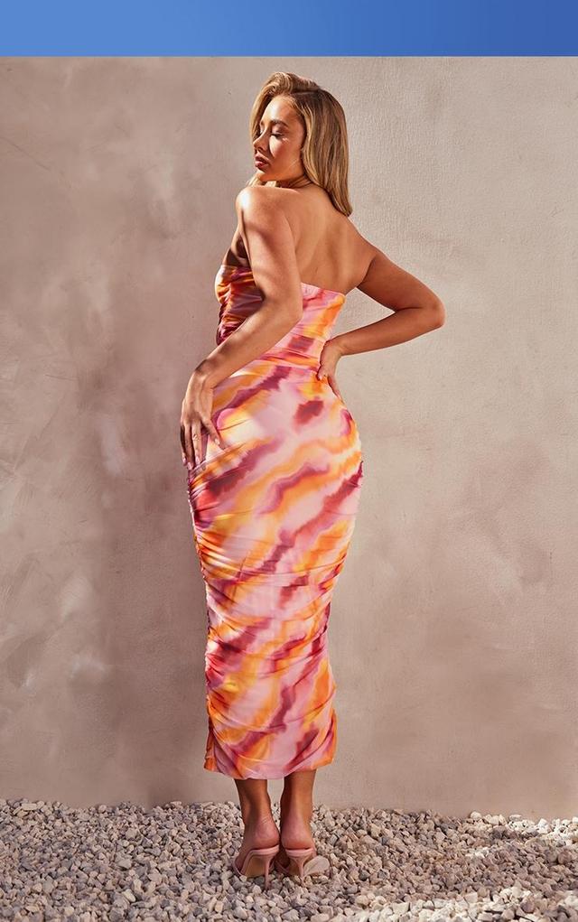 Pink Abstract Print Mesh Bandeau Ruched Maxi Dress Product Image