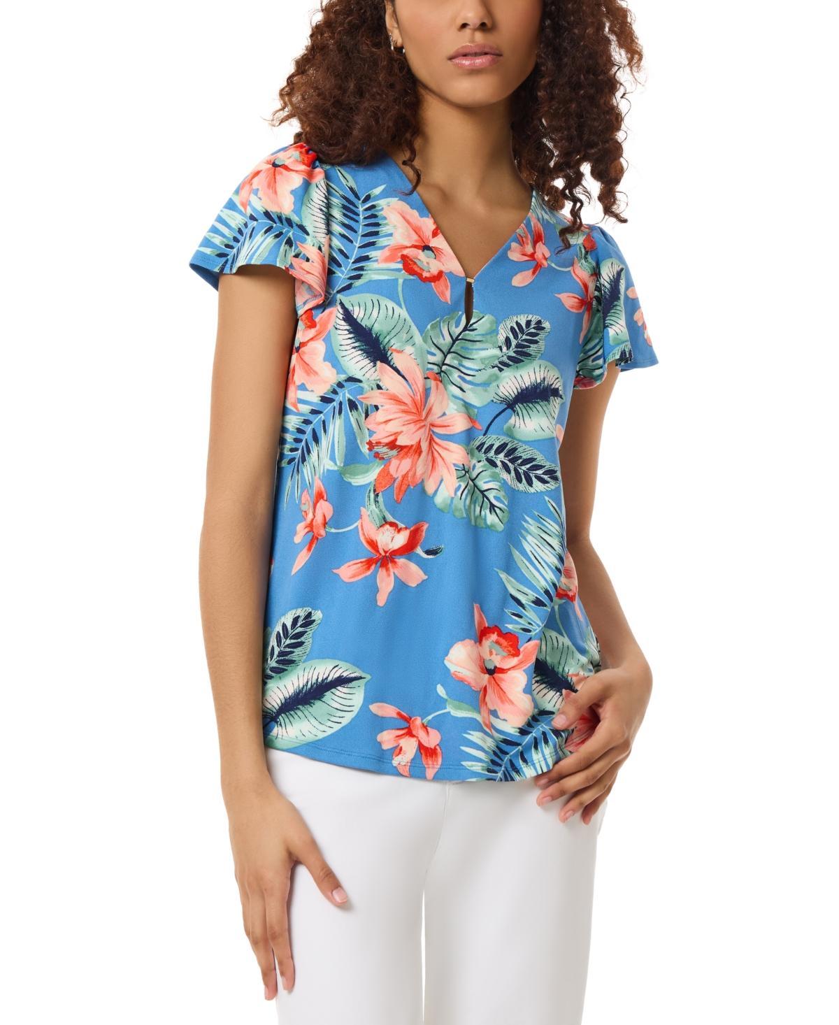 Women's Floral Print V-Neck Flutter-Sleeve Top Product Image