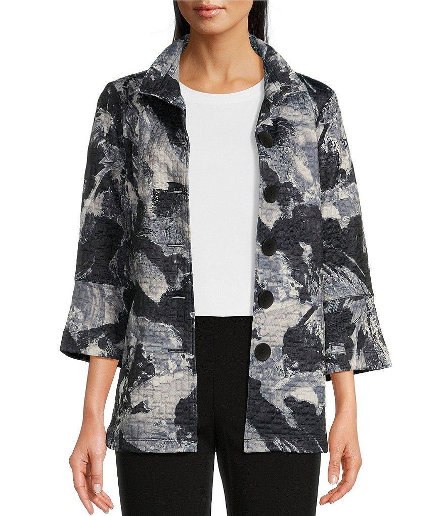 Ali Miles Petite Size Woven Abstract Print Wire Collar Long Sleeve Button-Front Jacket Product Image