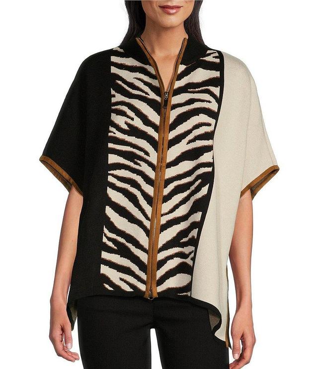 Multiples Zebra Print Color Block Mock Neck Elbow Dolman Sleeve Zip Front Sweater Product Image