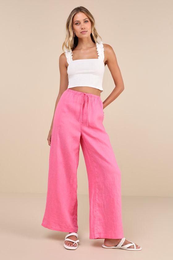 Emma Hot Pink Linen Wide-Leg Drawstring Pants Product Image