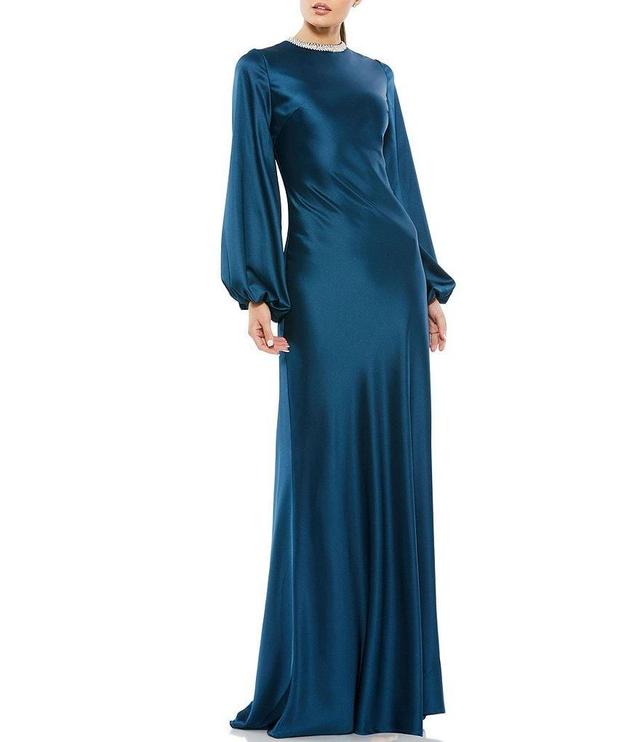 Mac Duggal Long Bishop Sleeve Beaded Crew Neck Satin Gown Product Image