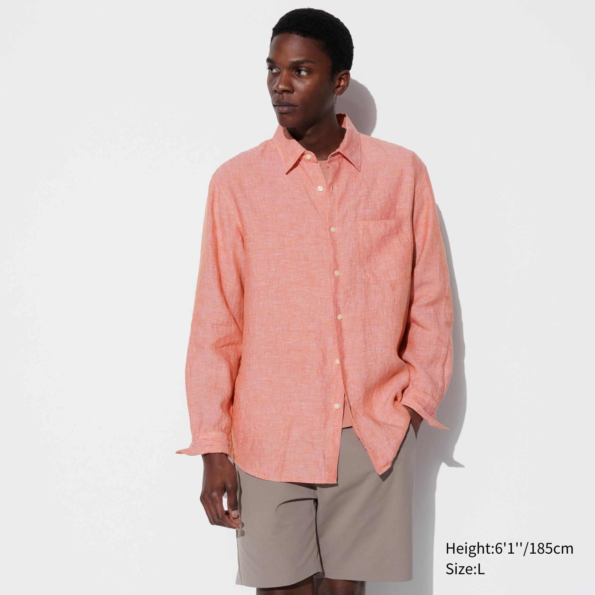 Mens Premium Linen Long-Sleeve Shirt Orange XS UNIQLO US product image