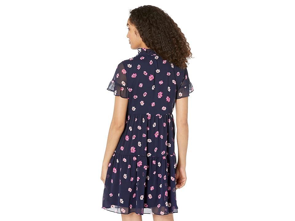 DKNY Printed Ruffle Neck Dress (Navy Multi) Women's Clothing Product Image