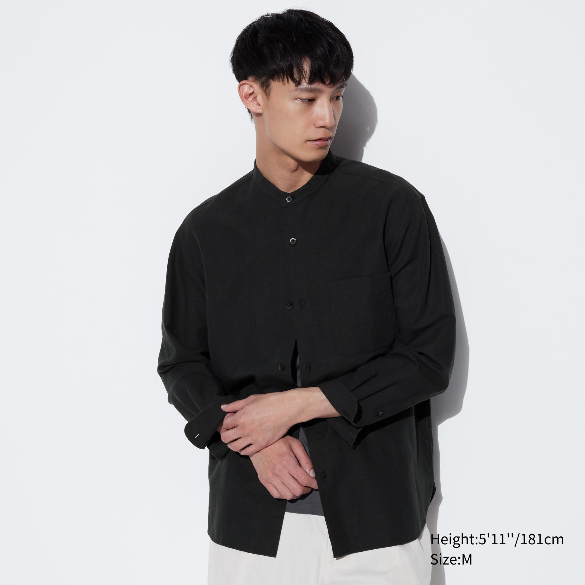 Mens Cotton Linen Stand Collar Shirt Black Medium UNIQLO US Product Image