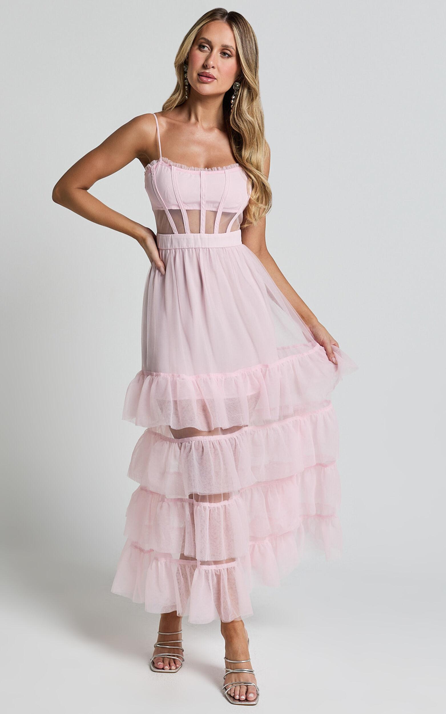 Evelynn Maxi Dress - Sweetheart Corset Bodice Fit & Flare Tiered in Ballet Pink Product Image