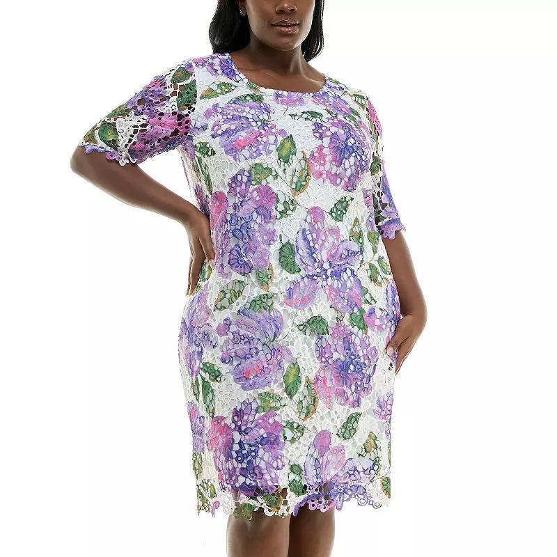 Plus Size Nina Leonard Elbow Sleeve Lace Print Dress, Womens Vibrant Purple Team Product Image