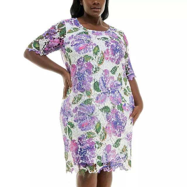 Plus Size Nina Leonard Elbow Sleeve Lace Print Dress, Womens Product Image