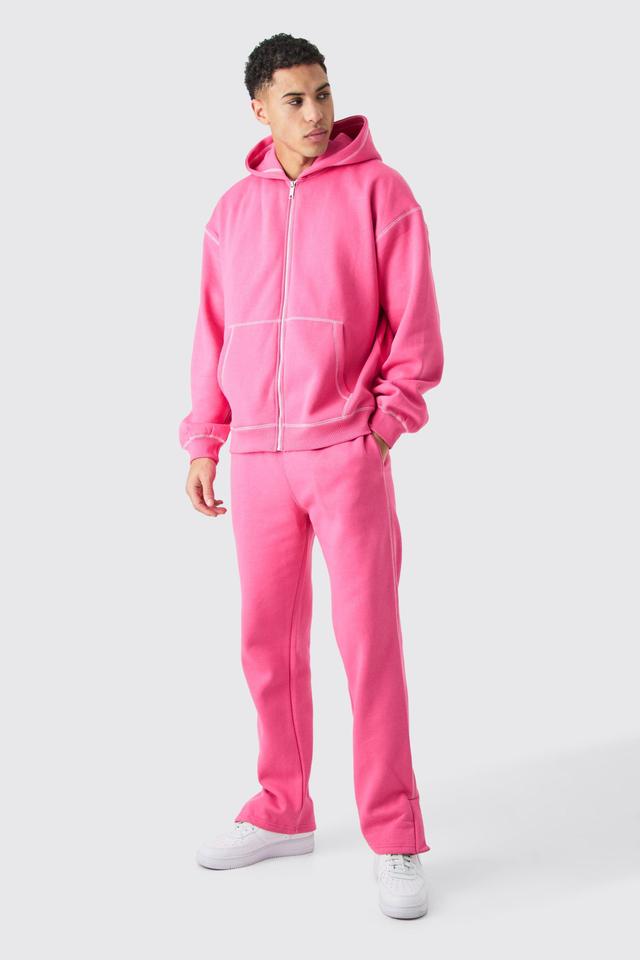 Mens Pink Oversized Contrast Stitch Zip Through Hooded Tracksuit, Pink Product Image