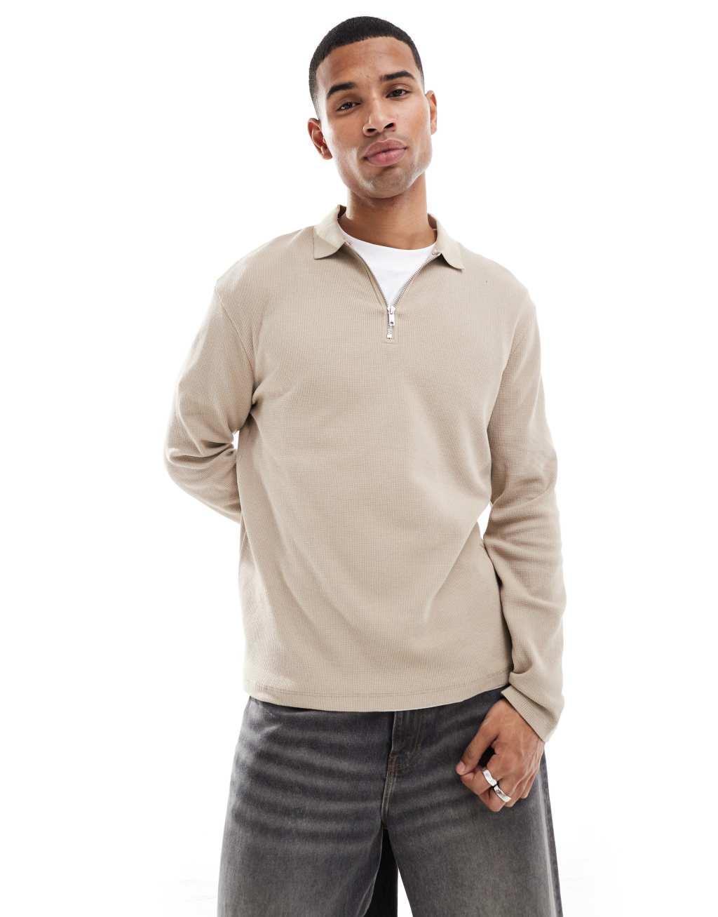 ASOS DESIGN waffle long sleeve polo with zip in stone Product Image