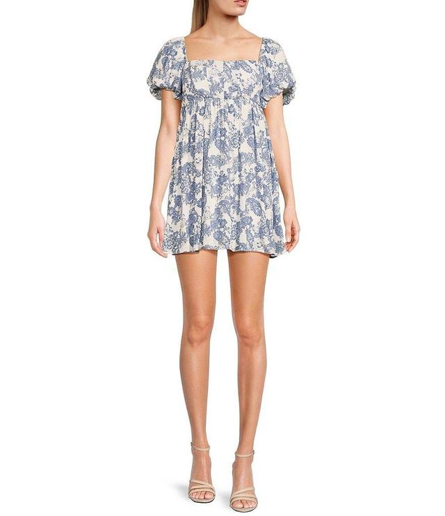 B. Darlin Puff Short Sleeve Square Neck With Smocking Back Detail Crepon Printed Dress Product Image