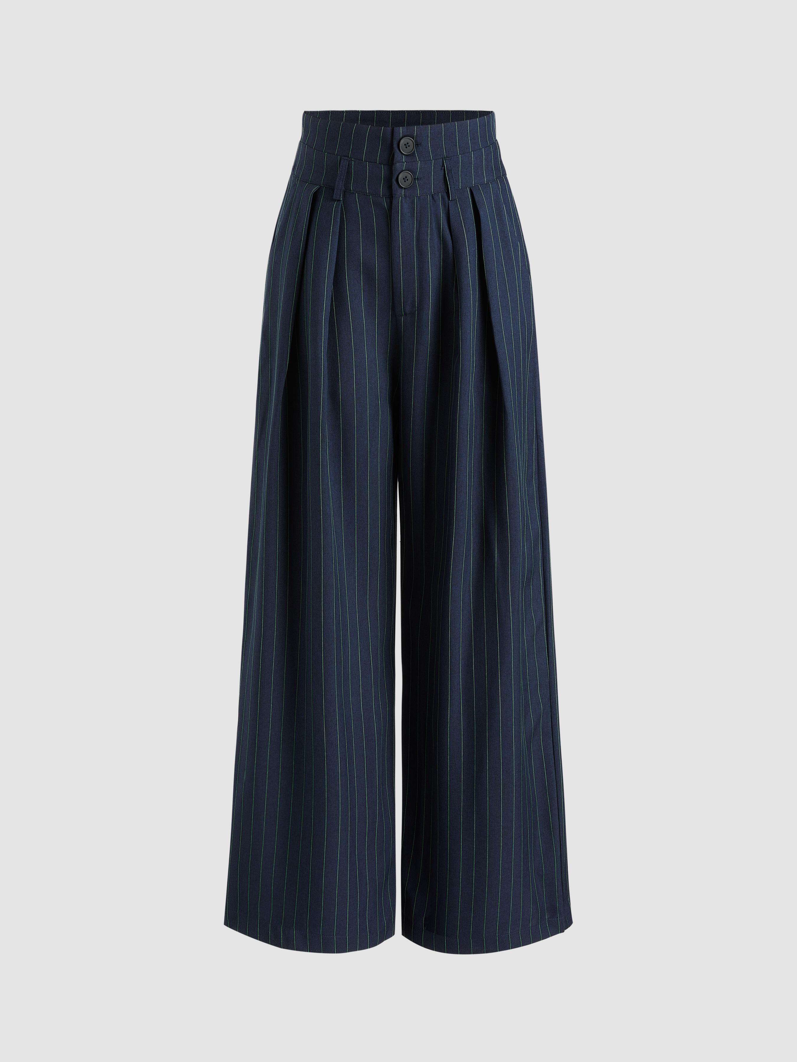 Mid Waist Striped Pleated Button Trousers Product Image