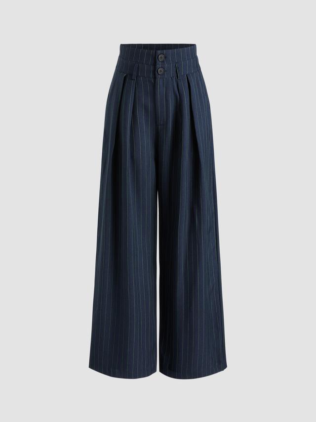 Mid Waist Striped Pleated Button Trousers Product Image