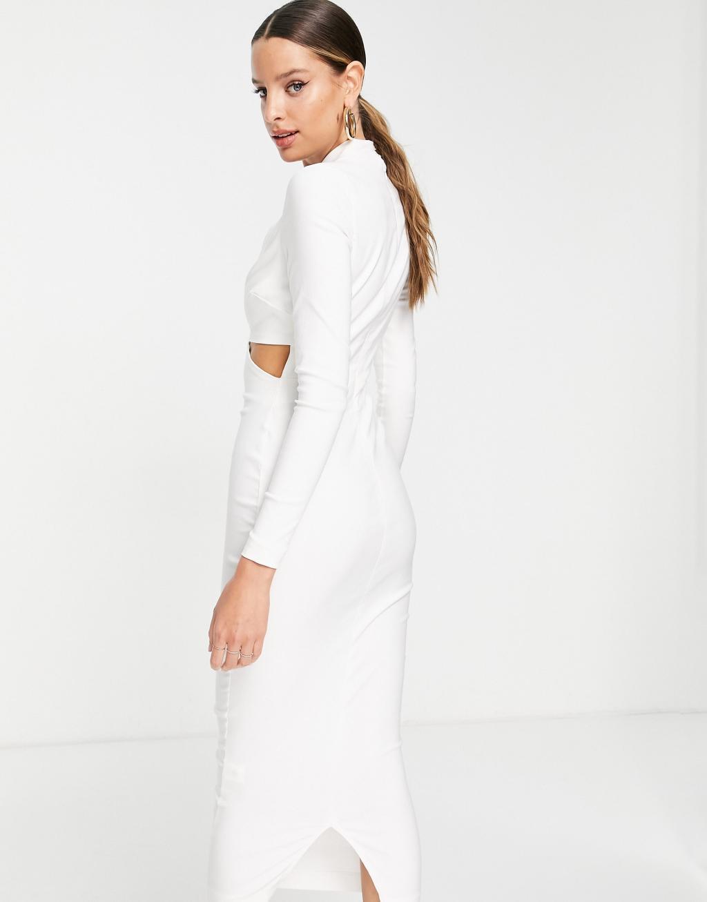 Vesper Tall long sleeve cut out detail midi dress in white Product Image