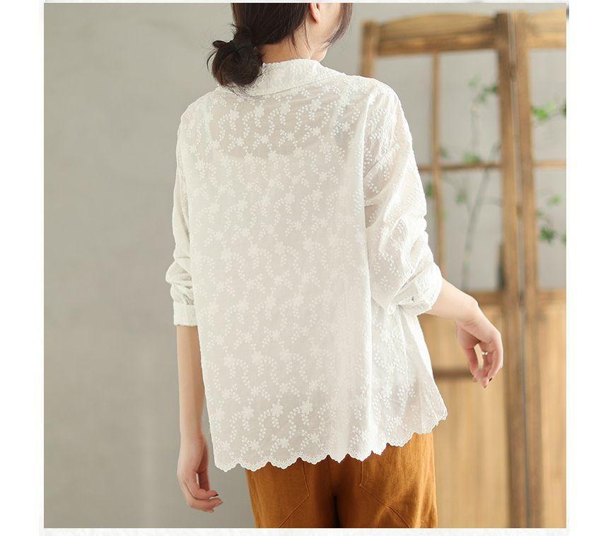 Long-Sleeve Doll Collar Floral Embroidery Lace Panel Button-Up Blouse Product Image