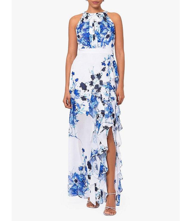 Betsy & Adam Floral Print Chiffon Halter Neck Sleeveless Cascading Ruffle Dress Product Image