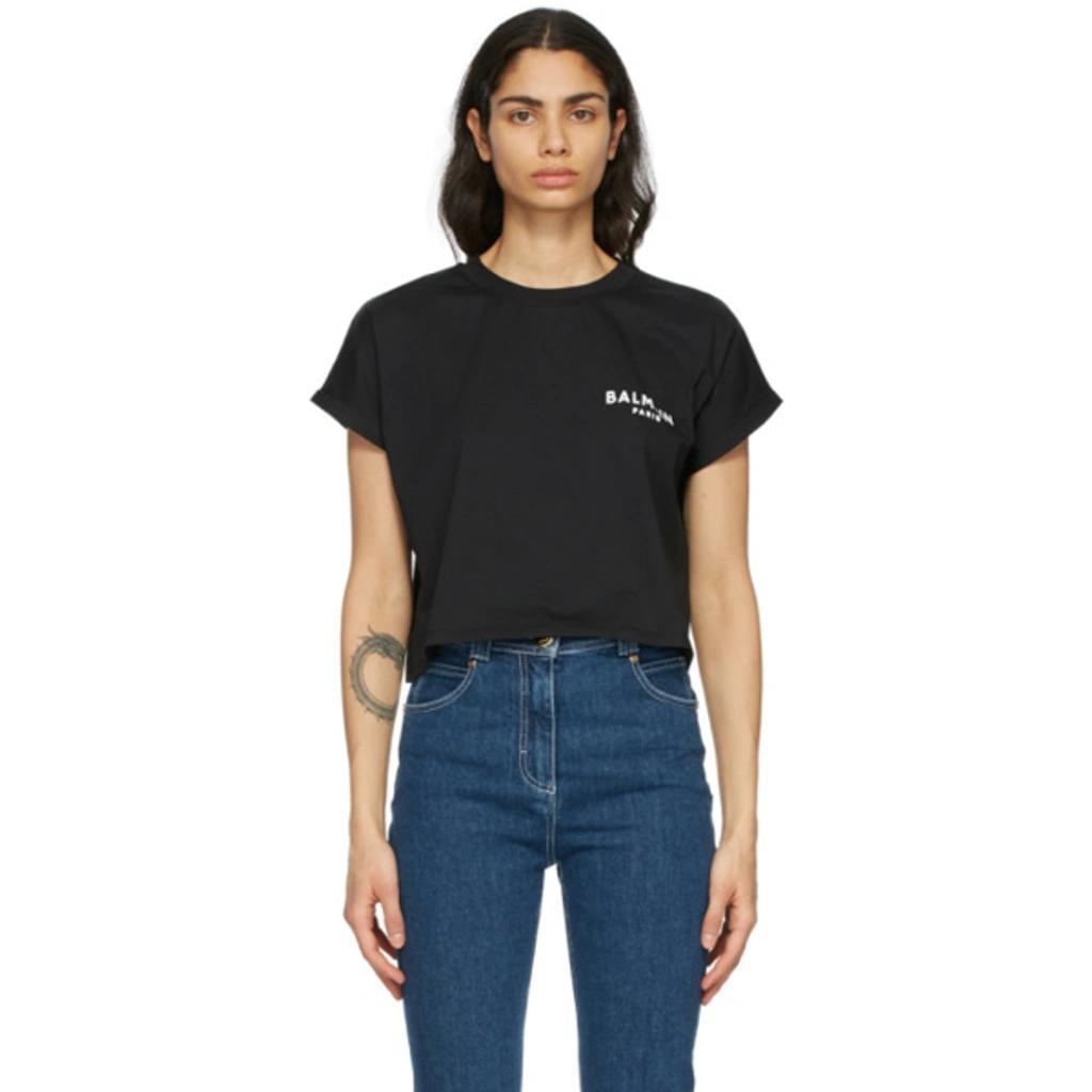 BALMAIN Cropped Flocked Cotton-jersey T-shirt In Black White Product Image