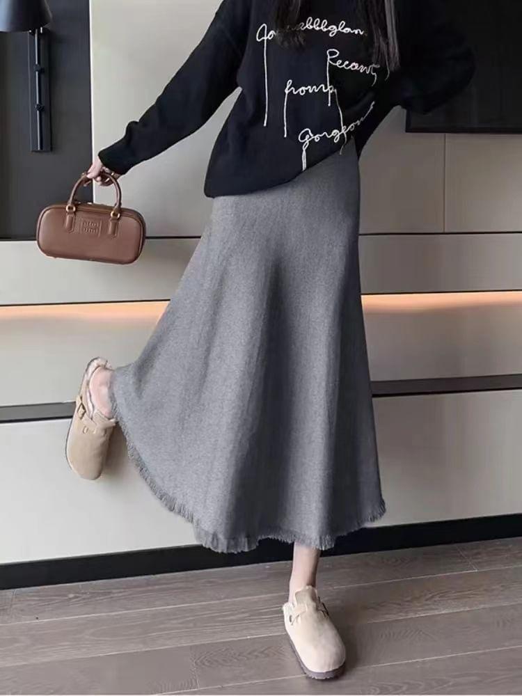 Elastic Waist Fringed Midi A-Line Knit Skirt Product Image