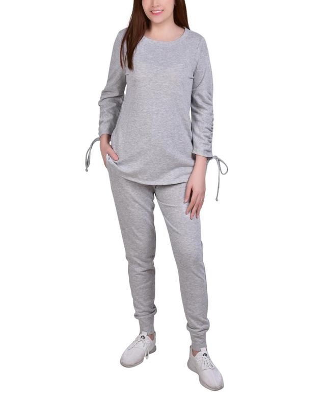 NY Collection Petite Floral Ruched Pullover & Jogger Set -GREY Product Image