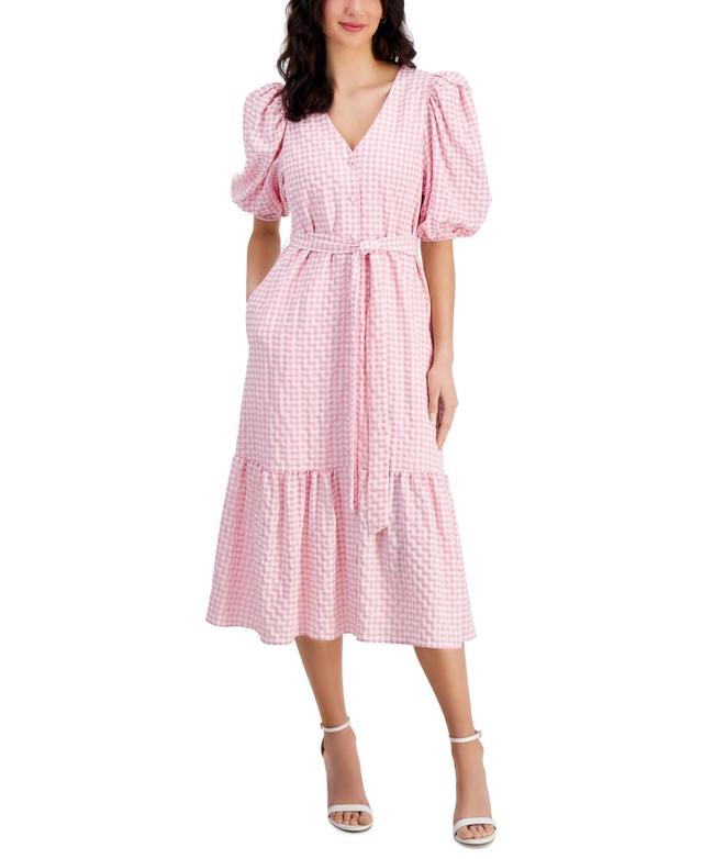 Taylor Womens Gingham Check V-Neck Tie-Waist Midi Dress - Rose Product Image