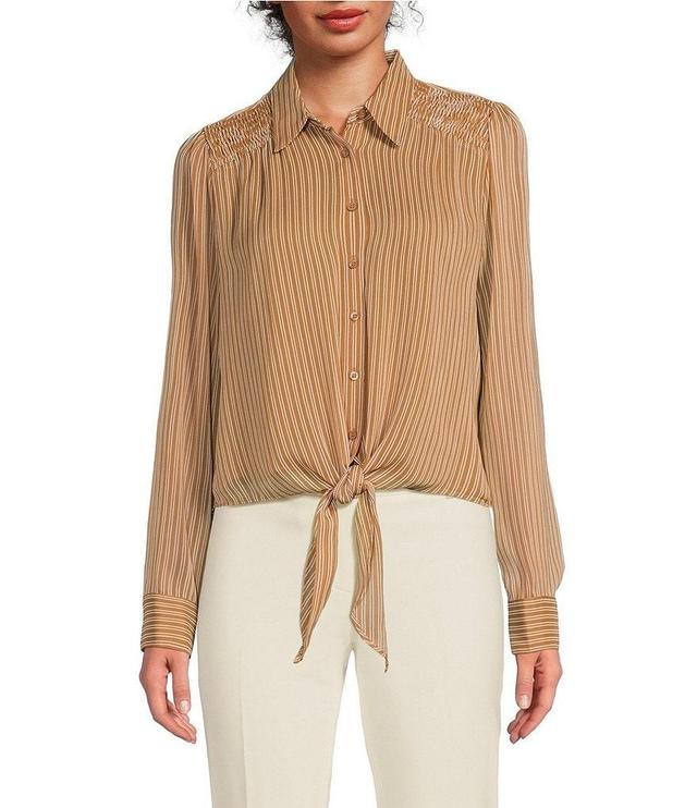 Calvin Klein Stripe Collared Neckline Long Sleeve Tie Front Blouse Product Image