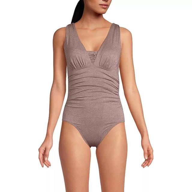 Womens Lands End Grecian Shine SlenderSuit One-Piece Swimsuit Beig/Green Product Image