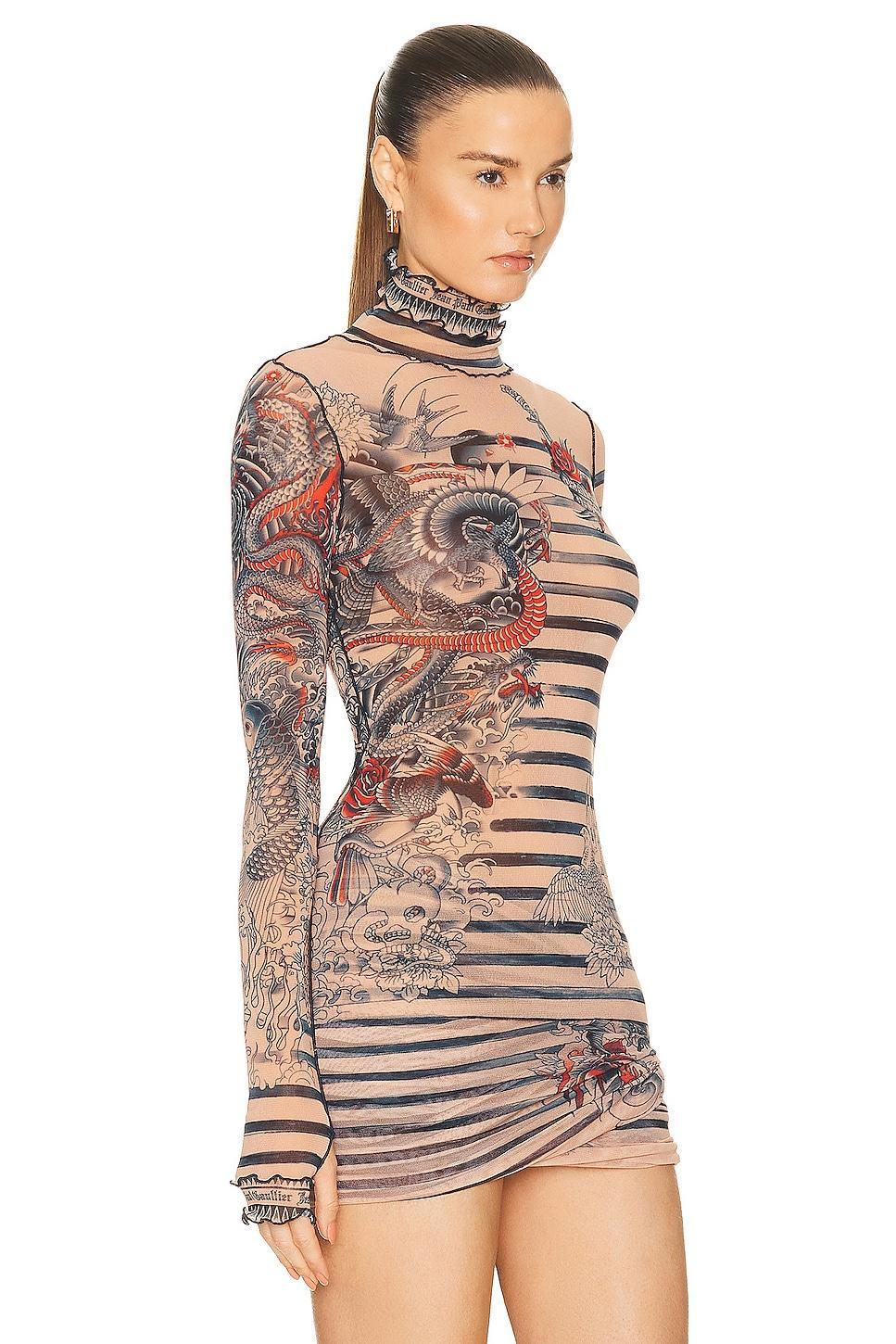 Jean Paul Gaultier Printed Mariniere Tattoo High Neck Long Sleeve Top in Nude Product Image