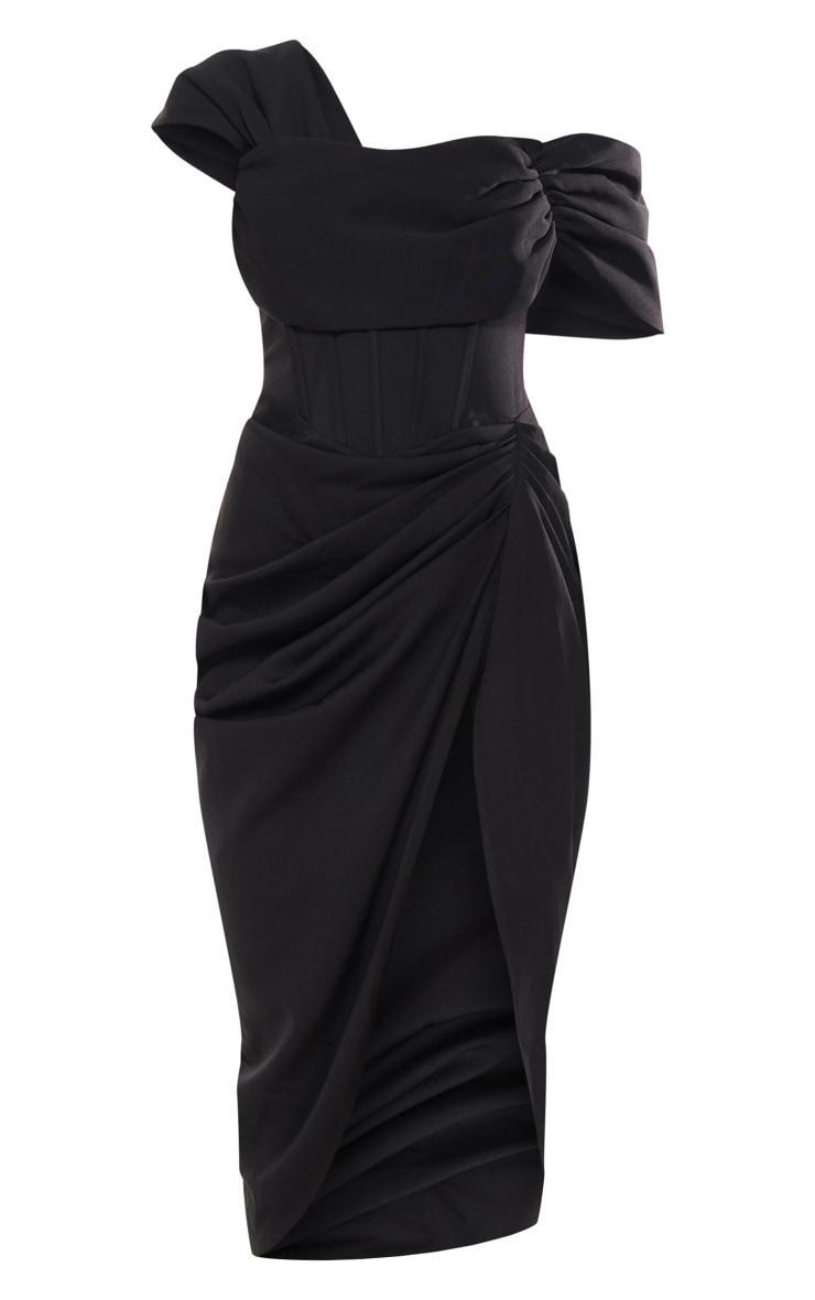 Black Corset Bardot Draped Midi Dress Product Image