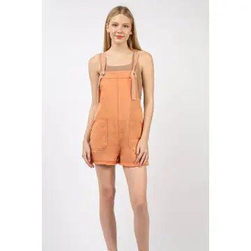 Orange Washed Cotton Denim Casual Romper Overalls Female Product Image