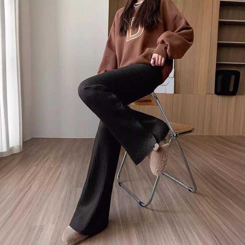 High Rise Button Hem Ribbed Wide Leg Knit Pants Product Image