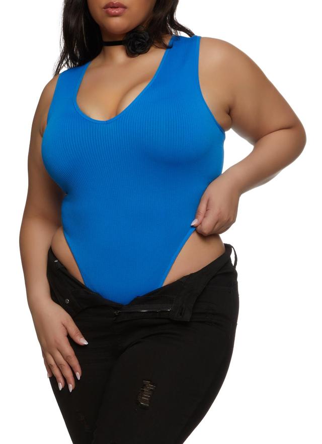 Womens Plus Size Rib Knit High Cut Seamless V Neck Bodysuit Product Image