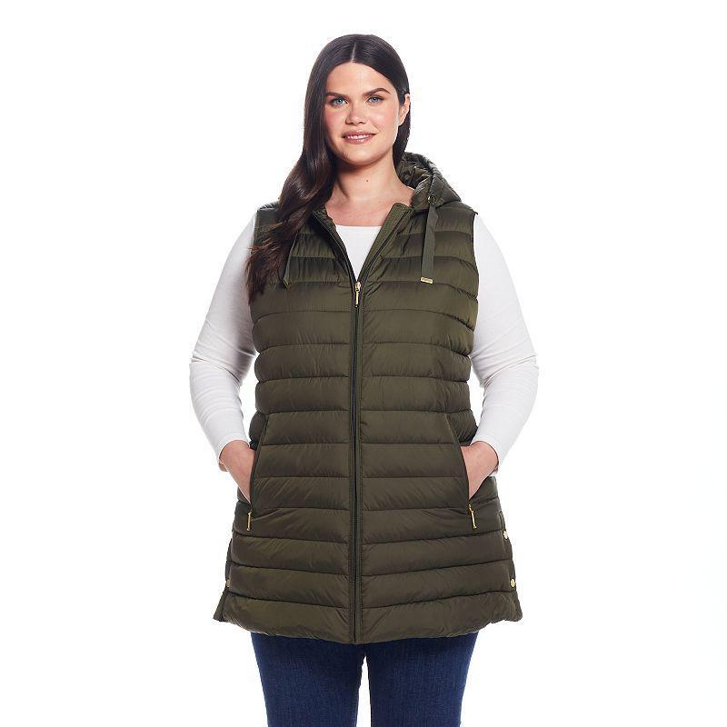 Plus Size Weathercast Hooded Quilted Long Vest, Womens Dusty Green Product Image