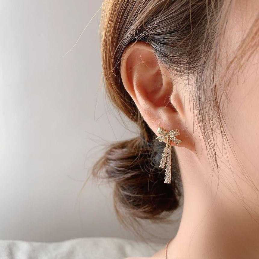 Bow Rhinestone Dangle Earrings Product Image