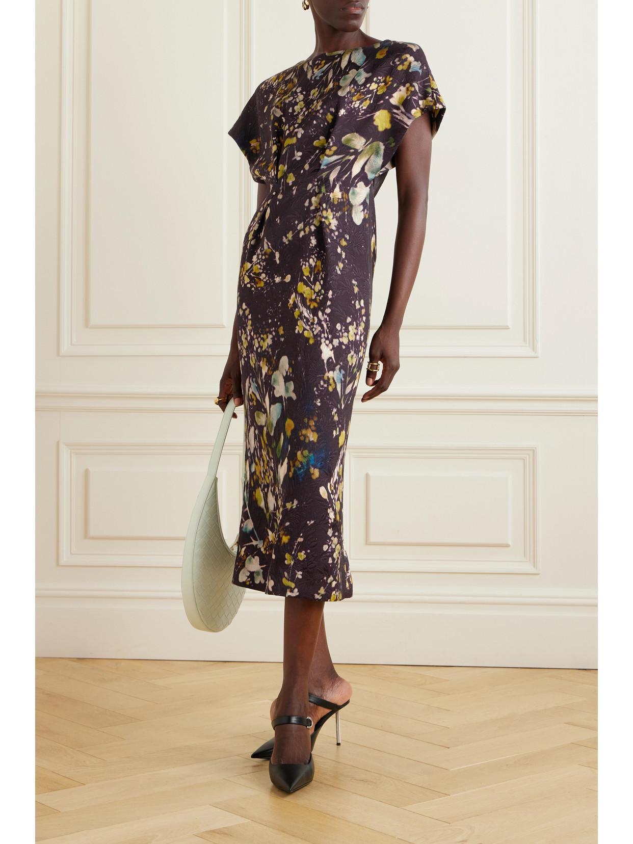 Dezos Printed Floral-jacquard Midi Dress In Brown Product Image