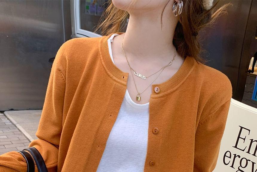 Round Neck Plain Button Cardigan Product Image