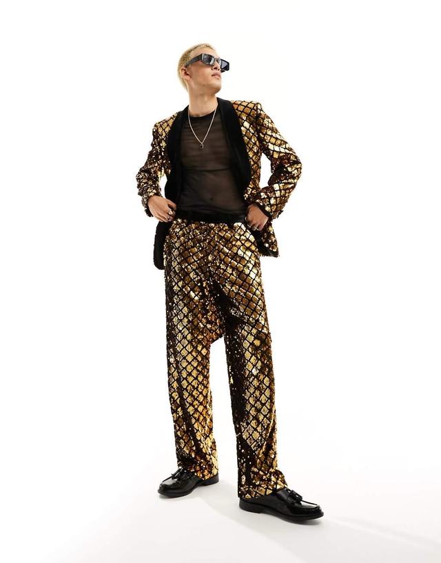 ASOS DESIGN wide suit pants in diamond sequin in black and gold Product Image