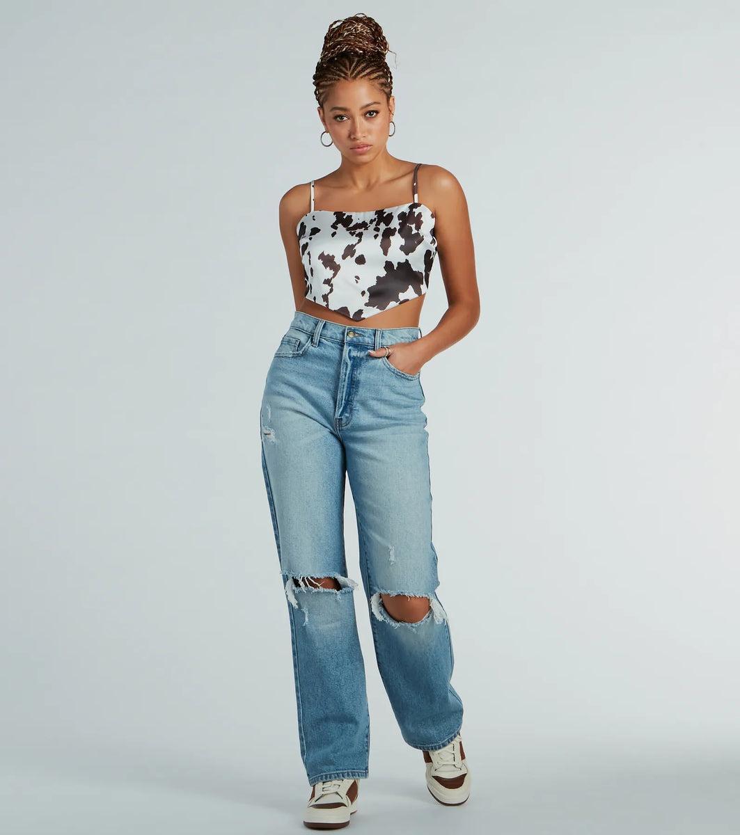 Country Chick Cow Print Satin Crop Top Product Image